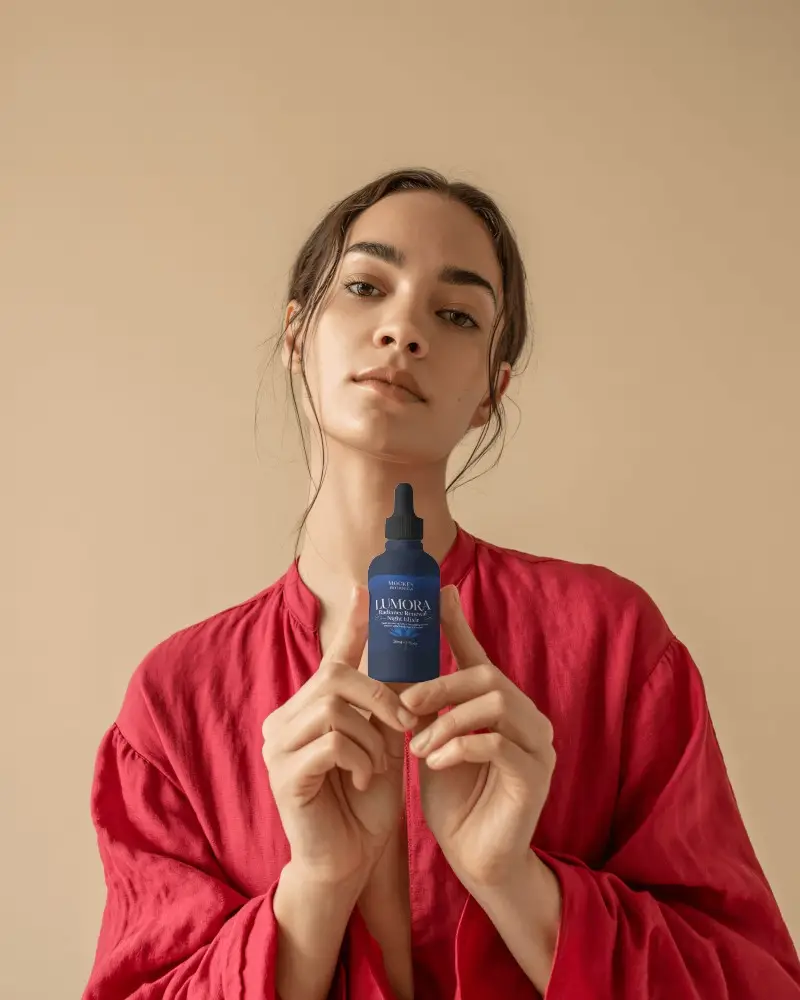 Minimalist Dropper Bottle Mockup Woman In Red Top Neutral Background Style