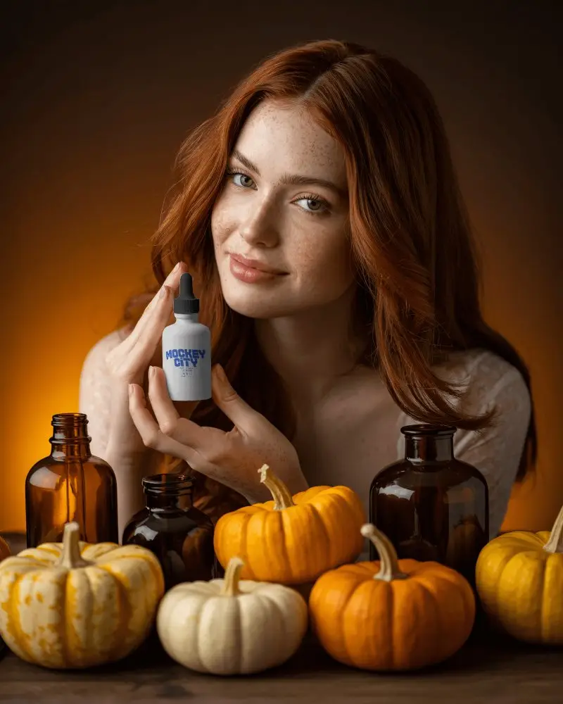 Autumn Dropper Bottle Mockup Female Model With Mini Pumpkins And Warm Light