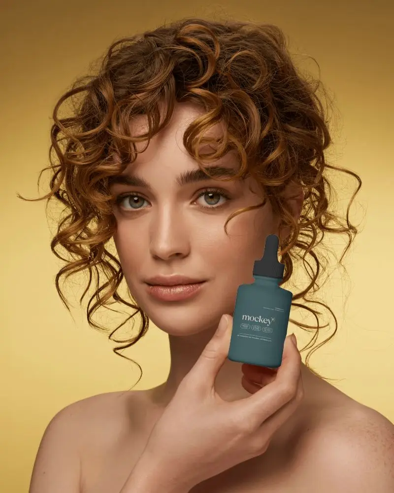 Radiant Dropper Bottle Mockup Beauty Portrait With Golden Background And Soft Light