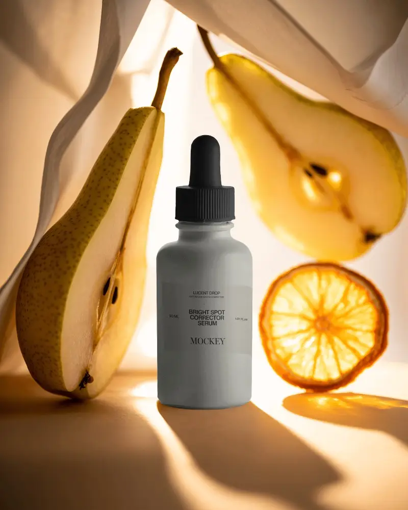 Pear Citrus Dropper Bottle Mockup Fruity Beauty Concept With Warm Sunlight