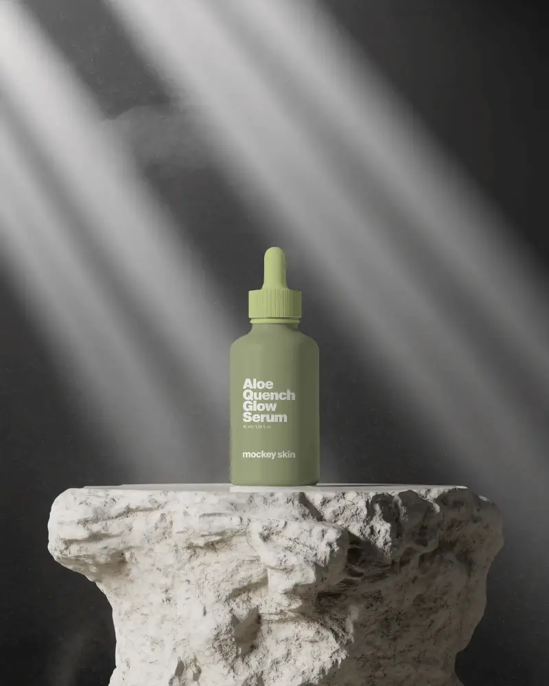 Elegant Dropper Bottle Mockup With Natural Light And Textured Stone Base