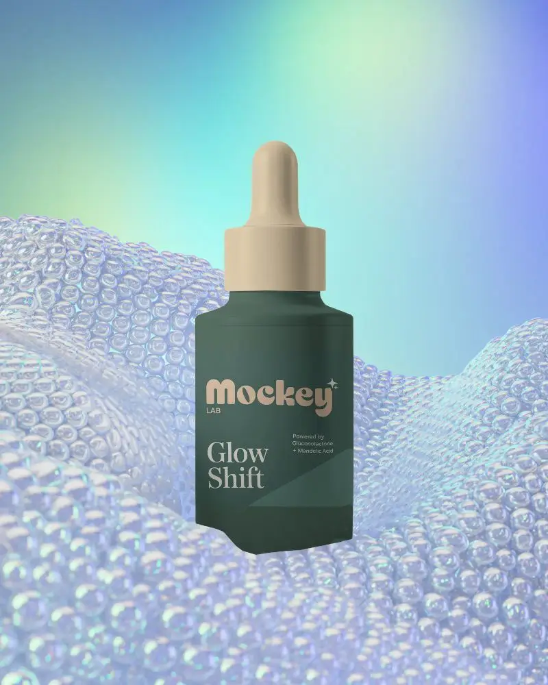 Realistic Dropper Bottle Mockup With Glossy Bubble Background For Luxury Skincare Branding