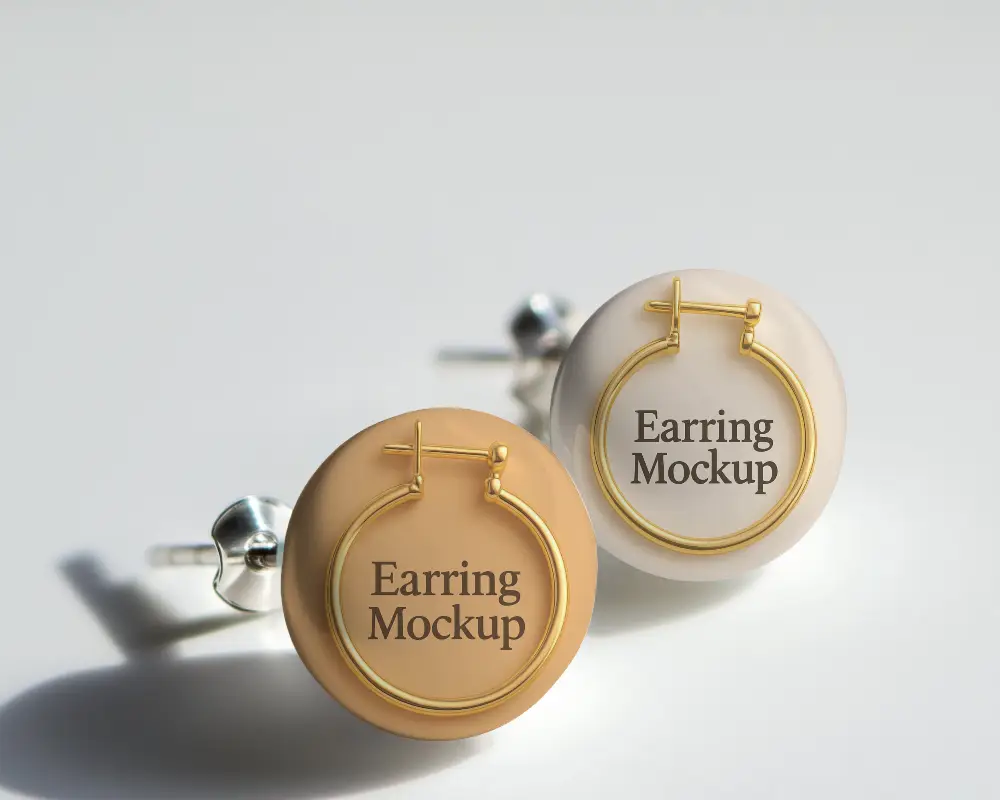 Minimalistic Round Stud Earrings Mockup White Glossy Surface With Silver Backing On Clean Light Background Soft Shadows 032