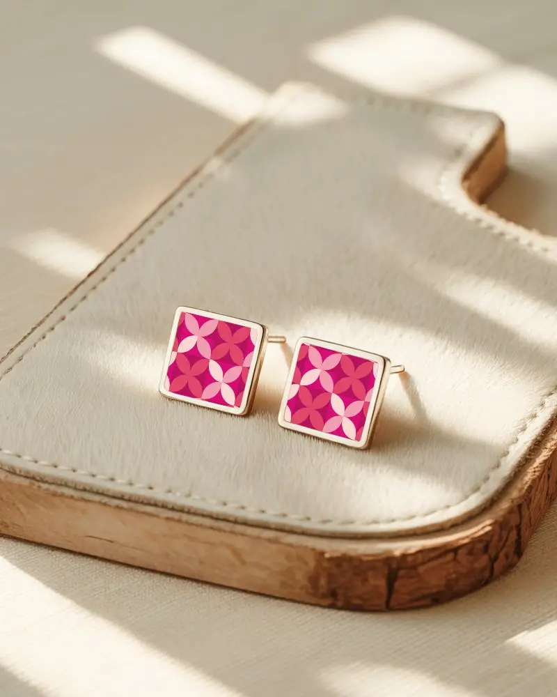 Sunlit Minimal Square Earring Mockup On Leather Pad Soft Shadows Elegant Product Display