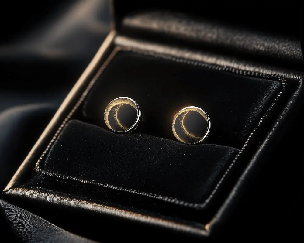 Metal Earrings Resting In Black Velvet Jewelry Box With Soft Glow And Eclipse Inspired Centerpiece