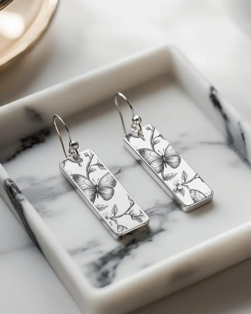 Dangle Earrings Mockup On Marble Tray Aesthetic Flatlay Light Soft Focus Clean Luxury Scene