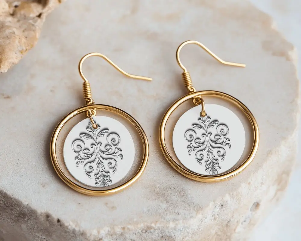 Round Drop Earrings Mockup On Stone Surface Golden Hoops Soft Light Organic Jewelry Shot