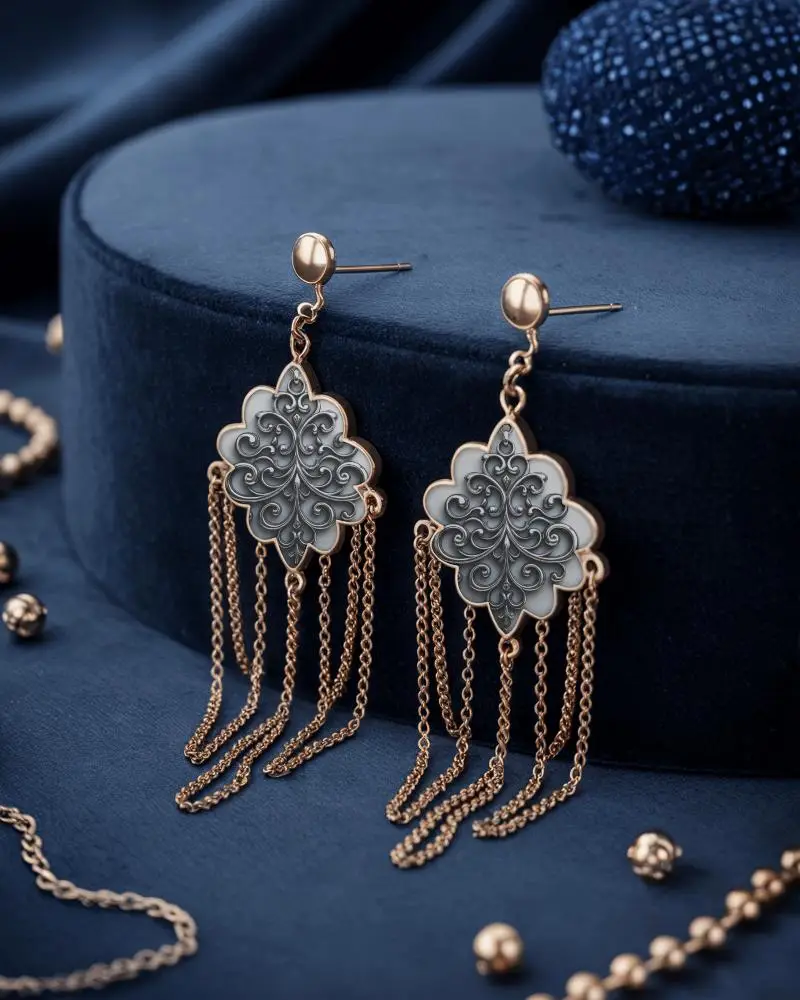 Statement Drop Earrings Mockup On Blue Velvet Stand With Golden Chains And Accessories Luxury Scene
