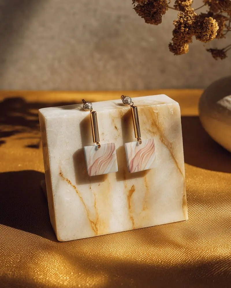 Modern Minimalist Square Drop Earring Mockup On Marble Display For Jewelry Presentation 0160