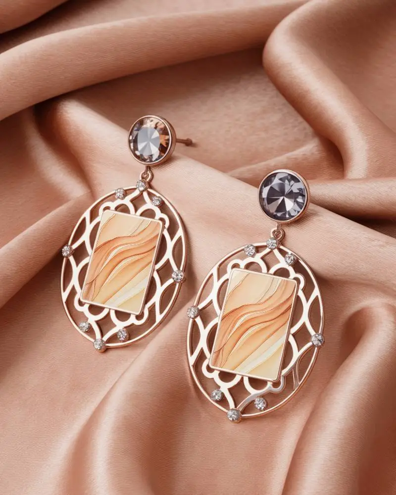 Luxury Rose Gold Crystal Earrings With Black Rectangular Pendants On Satin Fabric