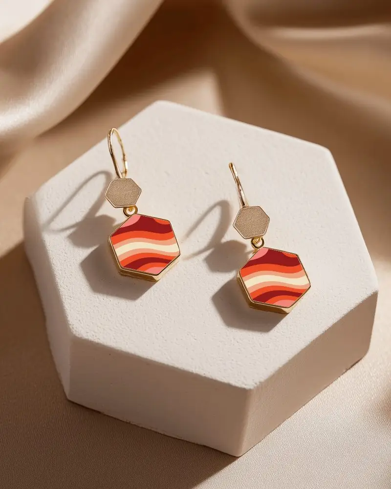 Modern Golden Hexagonal Pendant Earrings With Black Inserts On White Display