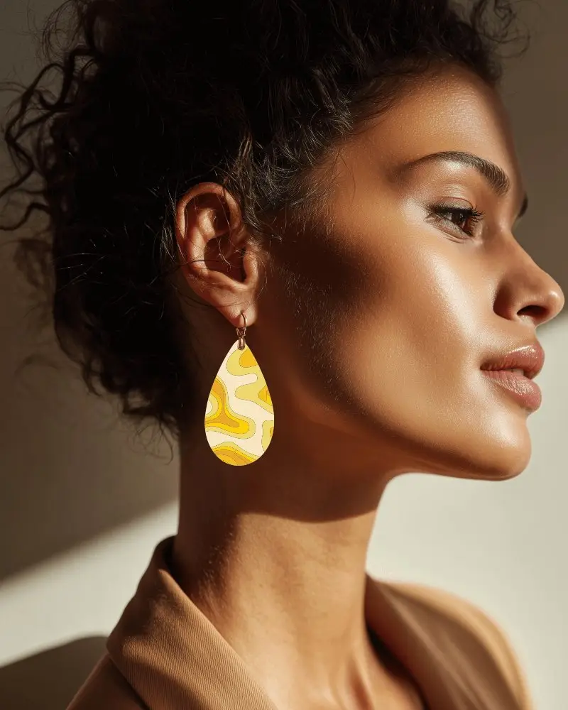Profile View Female Model Wearing Teardrop Earring Mockup With Curly Hair Soft Light Shadow