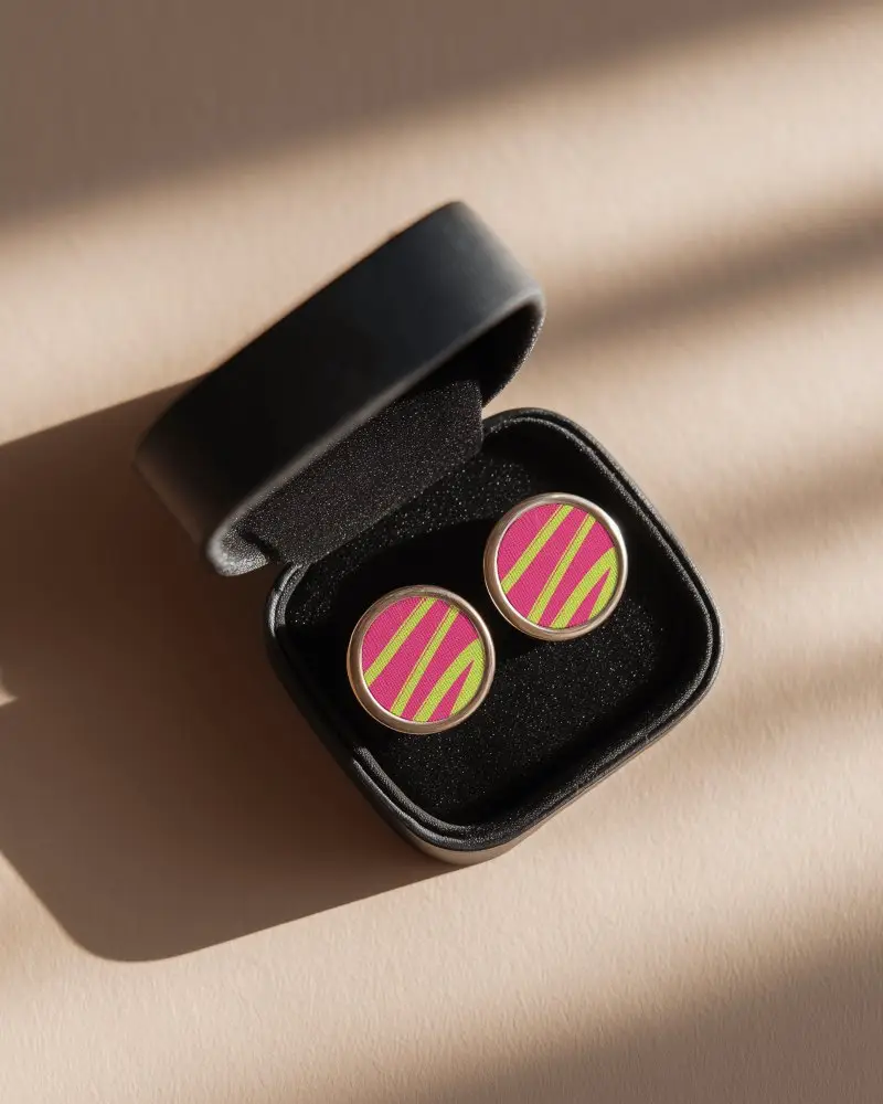 Premium Earring Mockup With Round Frame And Soft Textured Center In Black Box Display