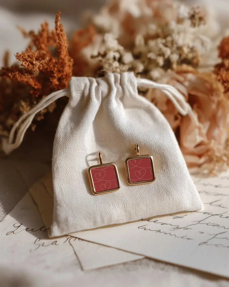 Elegant Square Earring Mockup With Minimalist Design On Fabric Pouch And Vintage Background