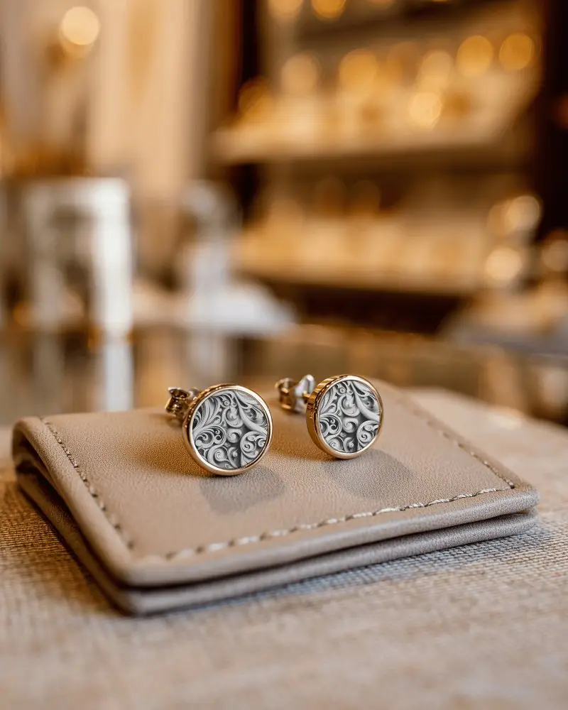 Sleek Simple Circular Earring Mockup On Leather Pad For Modern Jewelry Designs