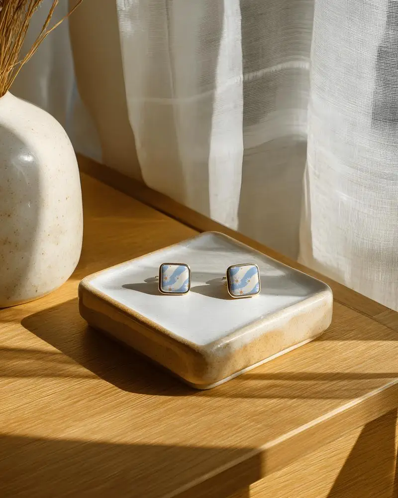 Minimalist Square Earring Mockup On Ceramic Tray With Natural Light And Soft Textured Background