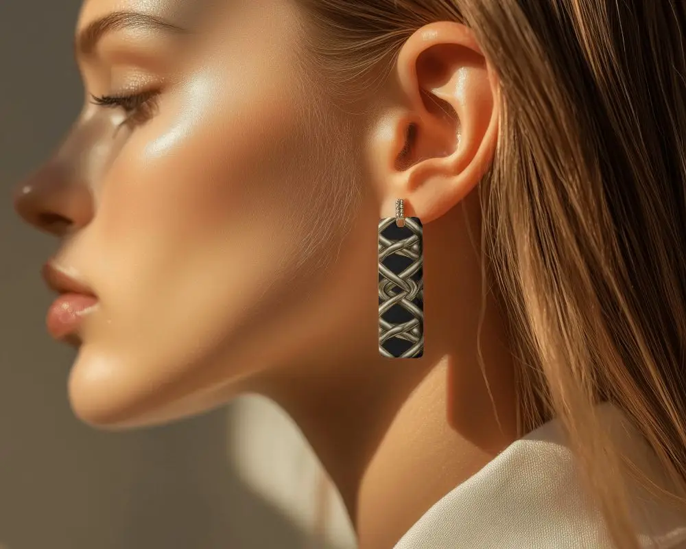 Golden Earring Mockup Closeup Side Profile Woman In Sunlight Glow Elegant Modern Statement Jewelry