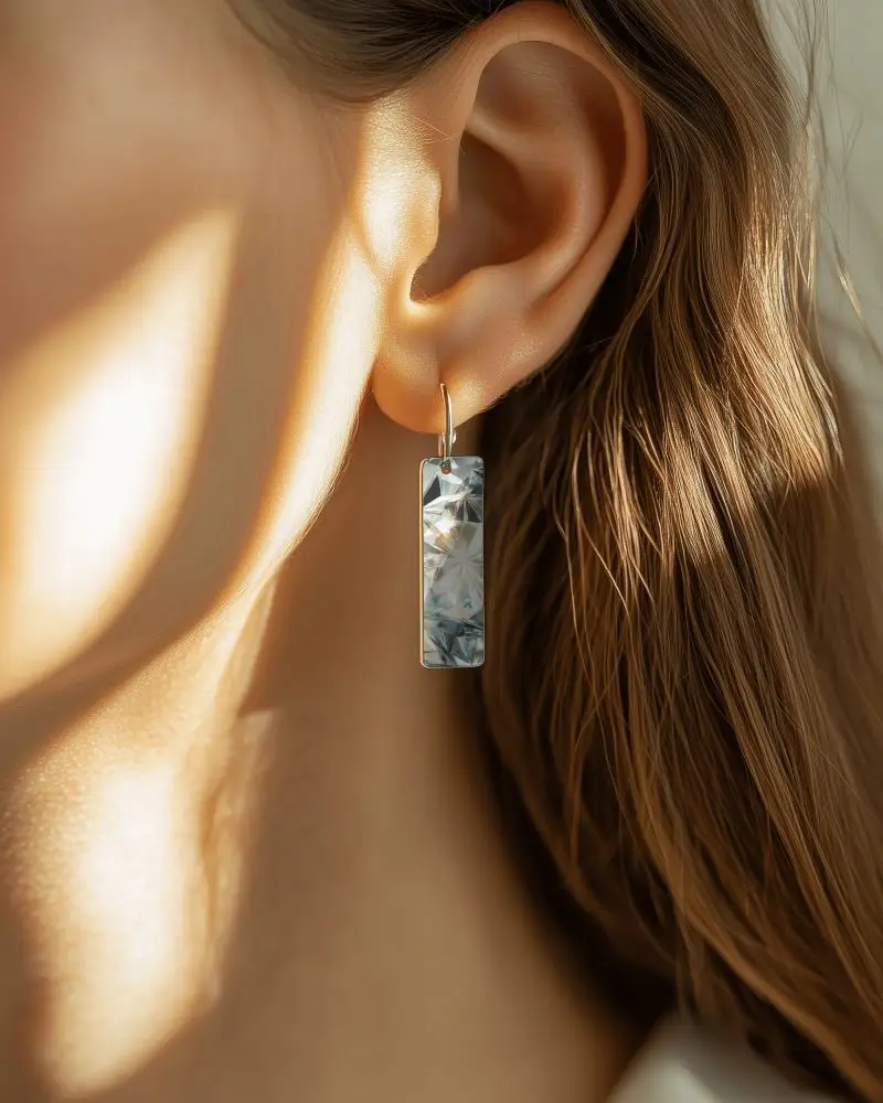 Sunlit Vertical Earring Mockup On Model Closeup With Golden Hour Shadows And Soft Natural Light