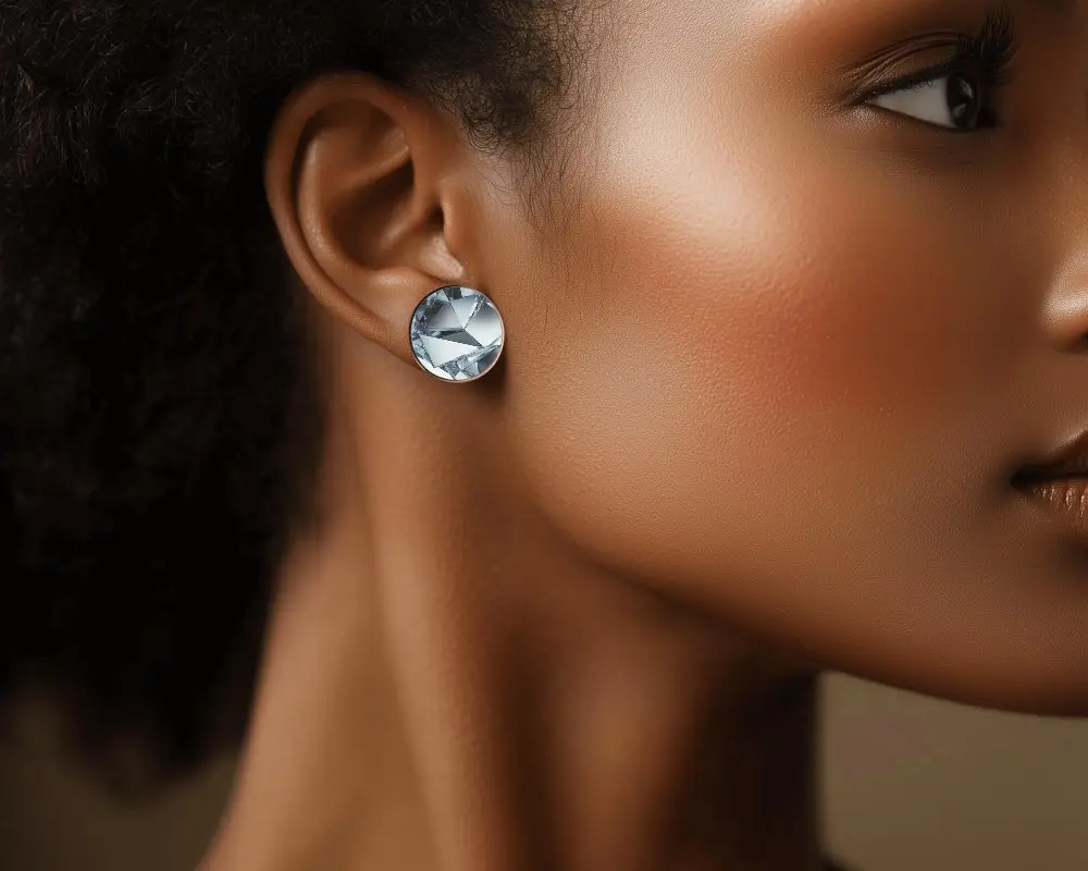 Crystal Stud Earring Mockup On Model Closeup Glamorous Lighting Soft Focus Clean Elegant Aesthetic