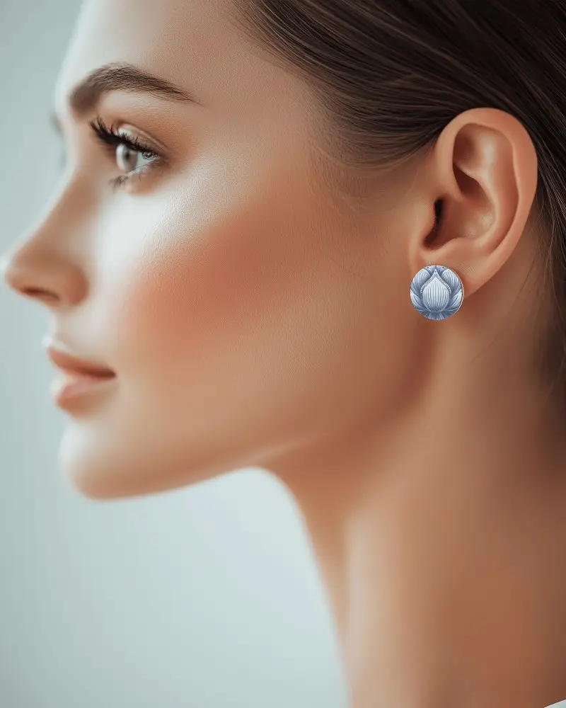 Side Profile Earring Mockup Round Stud On Model Soft Daylight Closeup Clean Skin Light Background