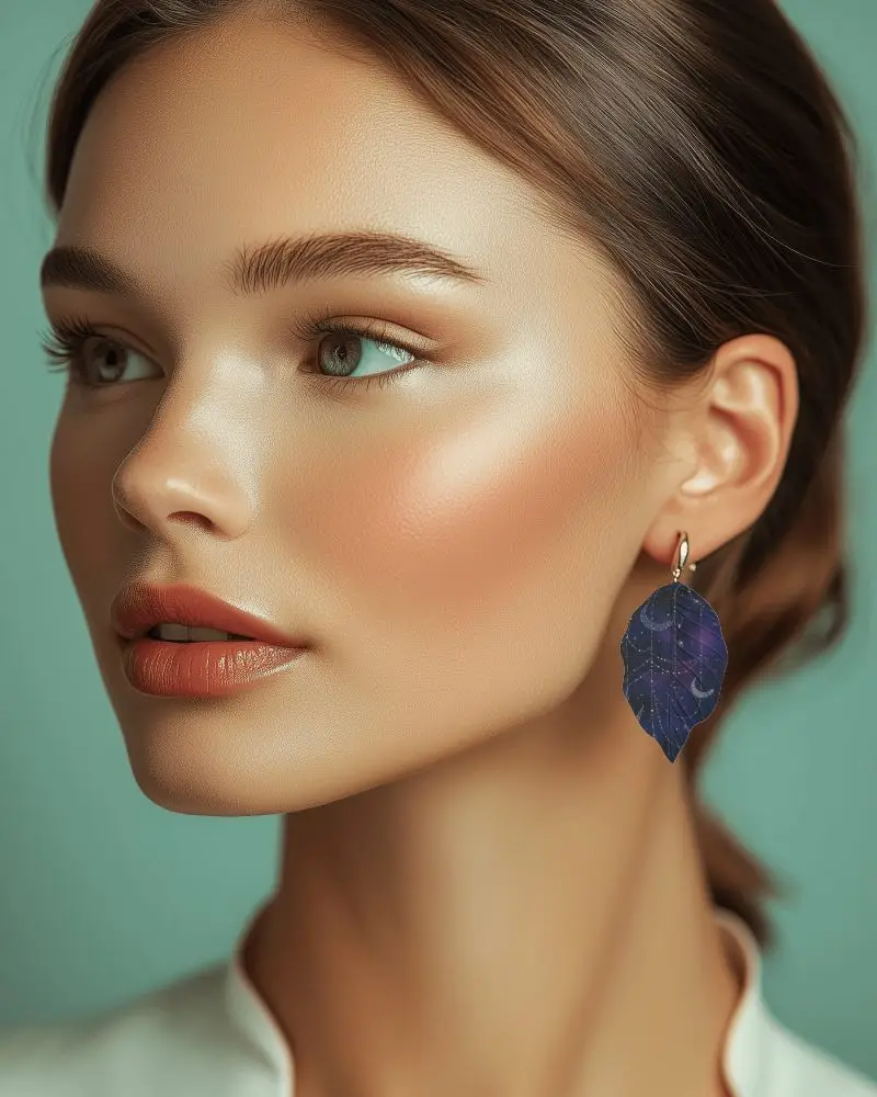 Leaf Shaped Earring Mockup On Woman Soft Focus Closeup With Teal Background Metallic Shine