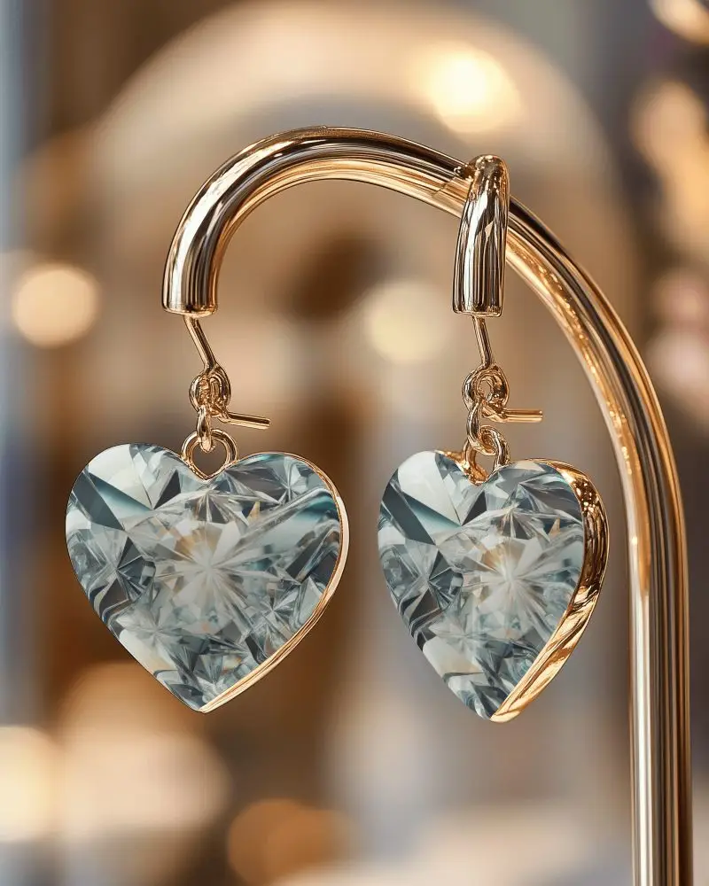 Heart Shaped Gemstone Earrings Hanging On Golden Metal Stand Luxurious Jewelry Display With Blurred