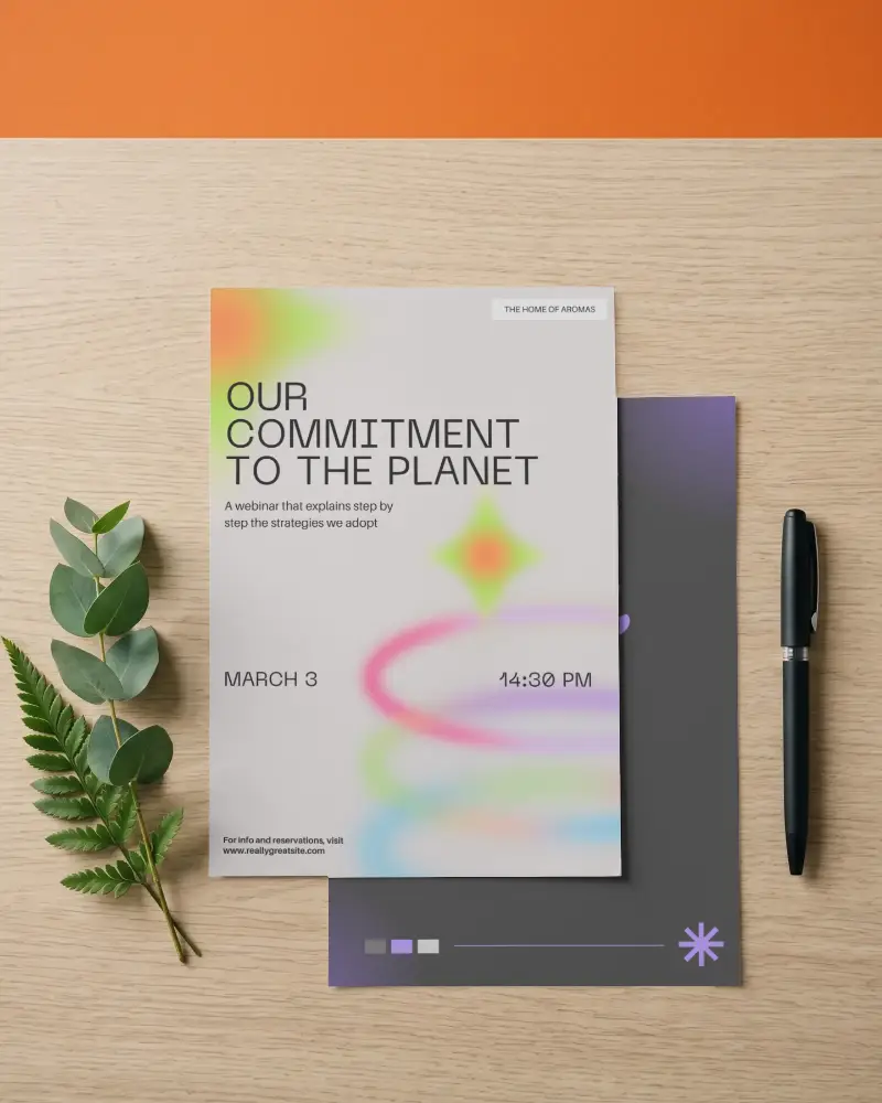 Blank Flyer Mockup With Natural Leaf Decoration And Pen On Wooden Tabletop