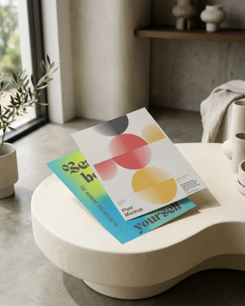 Blank Flyer Mockups Arranged On Smooth Sculptural Table In Stylish Interior Setting