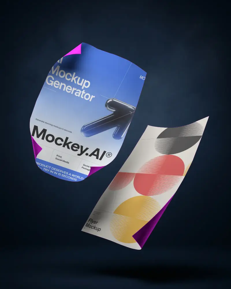 Floating Double Flyer Mockup With Curved Corners And Rolled Edges For Design Showcase