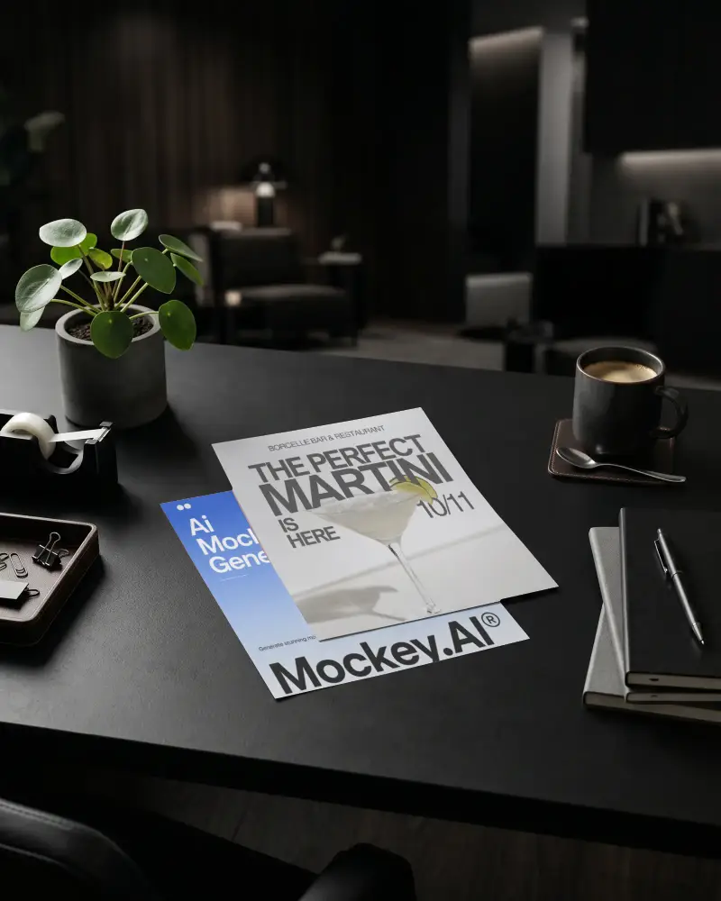 Blank Flyer Mockup On Modern Office Desk For Business Presentation Use