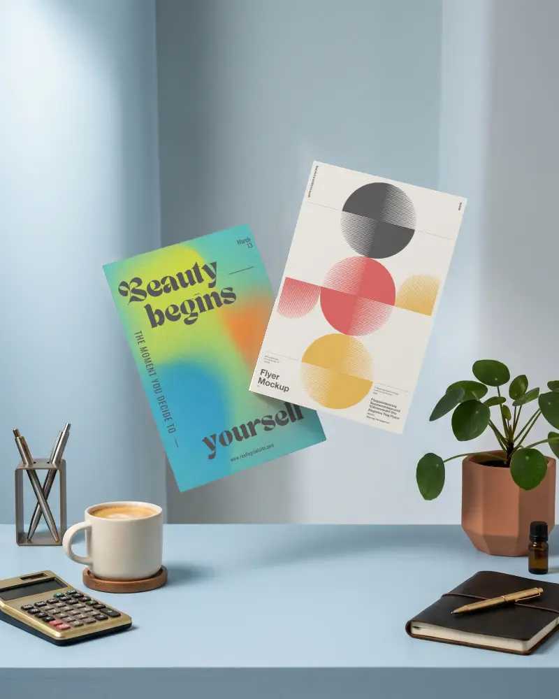 Clean Floating Flyer Mockup With Office Supplies And Minimalist Desk Background