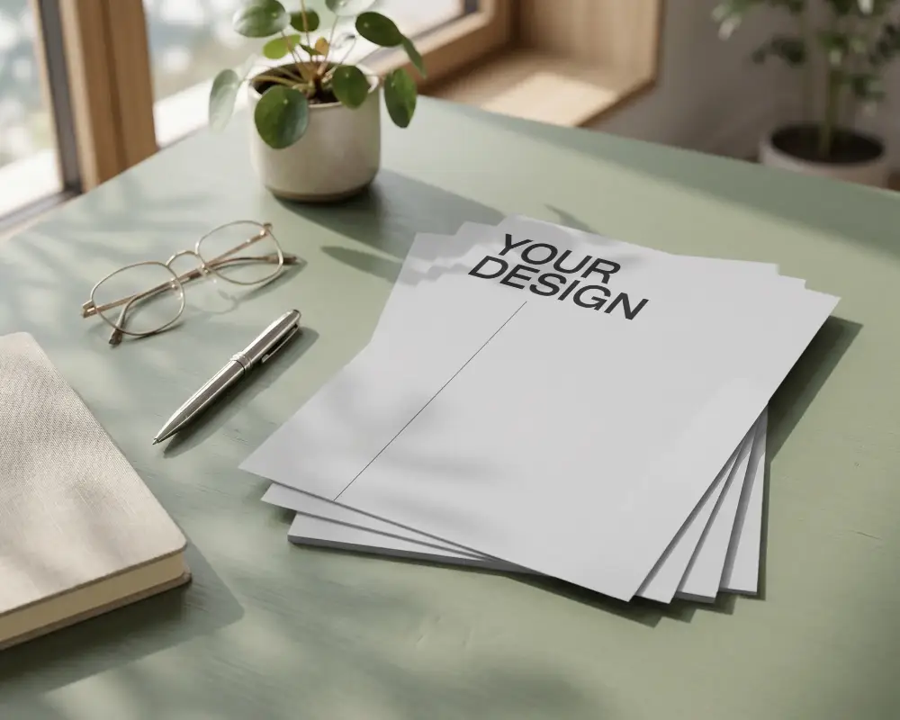 Clean Minimalist Flyer Layout Mockup With Glasses Pen And Notebook On Table