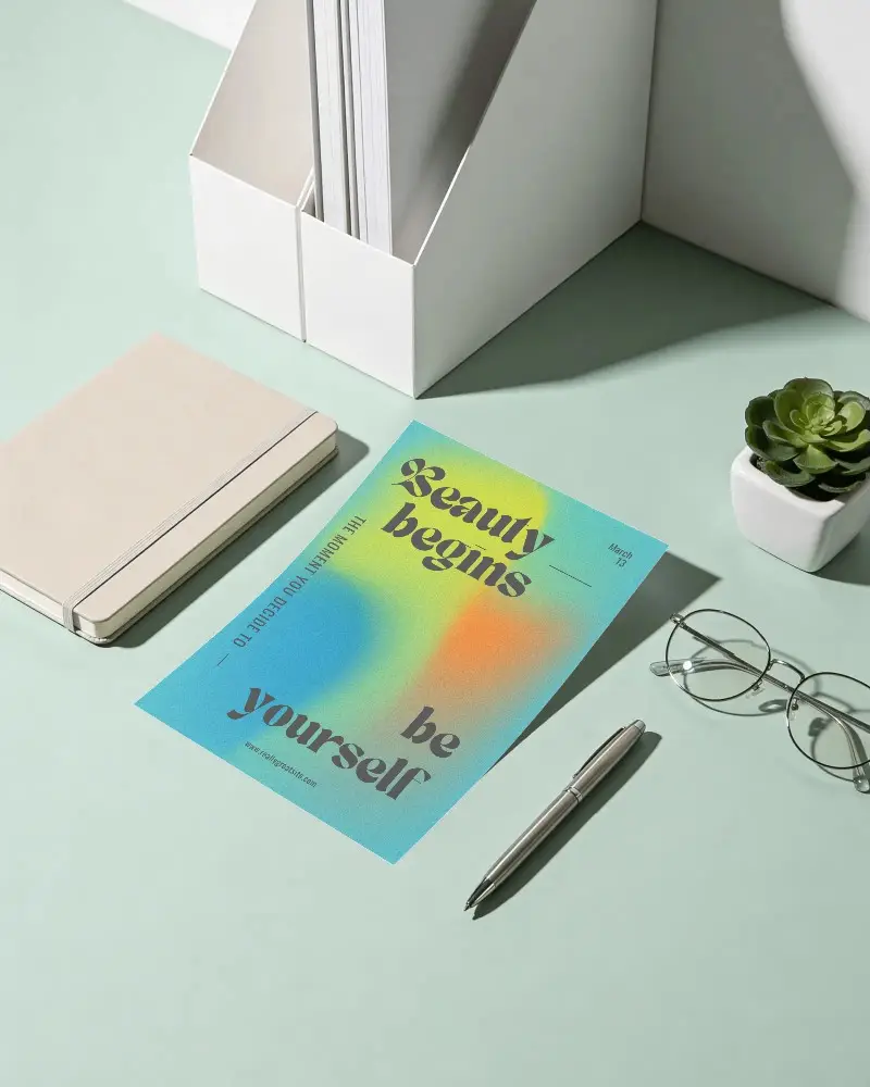 Blank Flyer Mockup With Notebook Glasses Pen And Succulent Plant On Table
