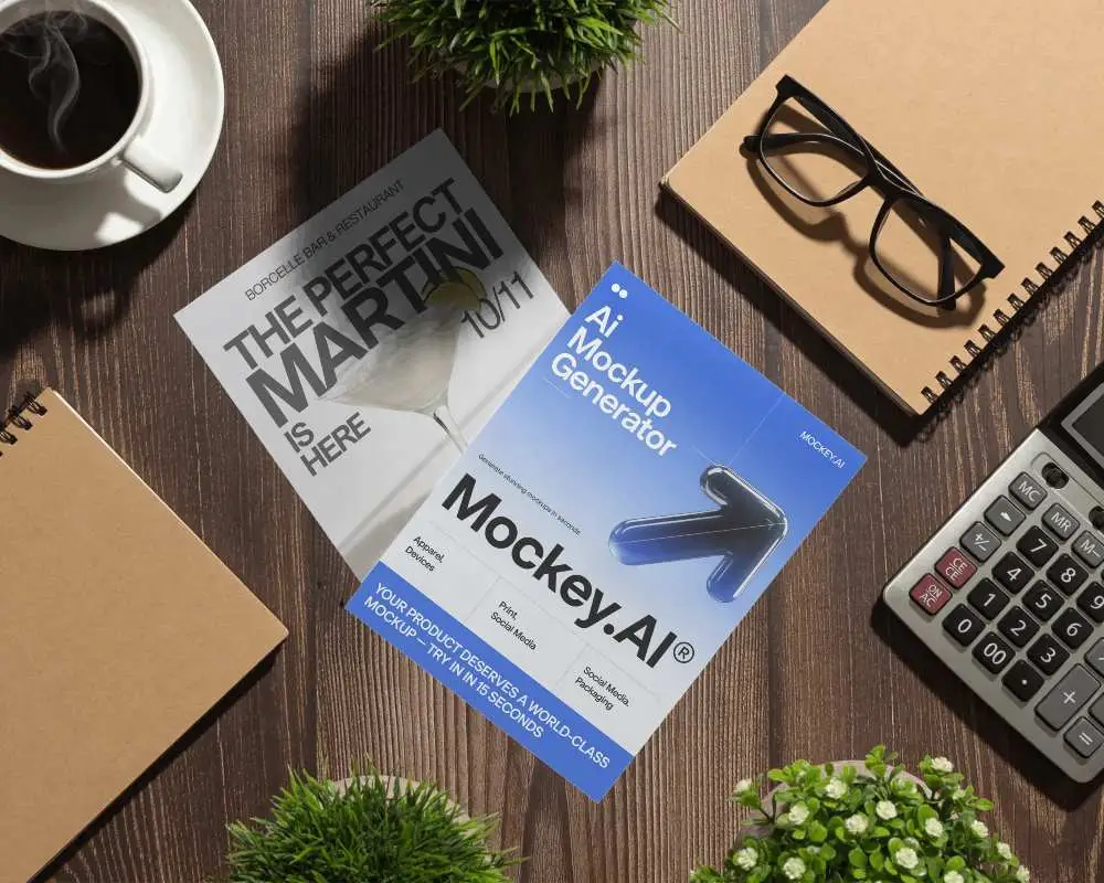 Blank Flyer Mockup On Wooden Desk With Glasses Notebooks And Coffee Cup