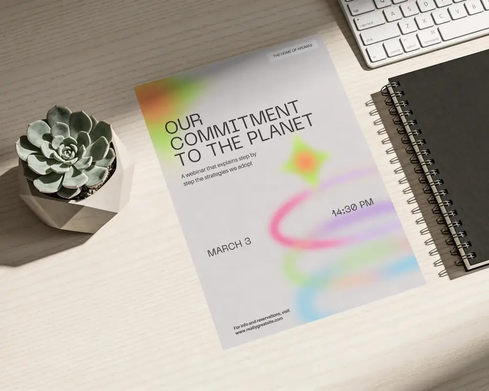 Blank Flyer Mockup On Wooden Table With Keyboard And Notebooks Flat Lay For Design