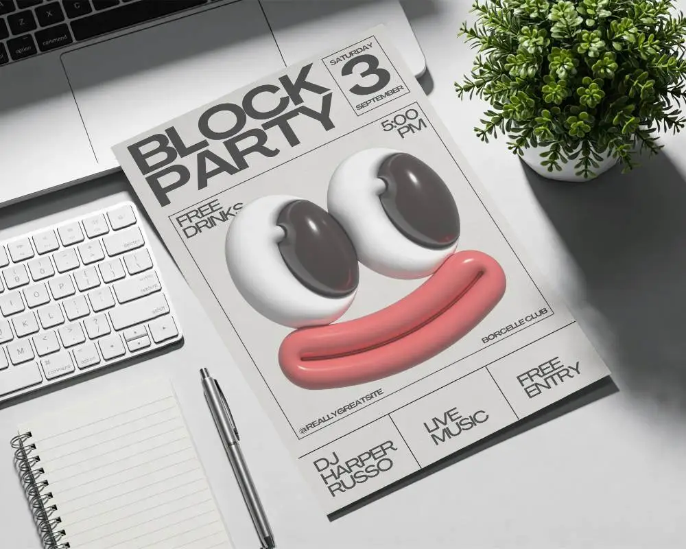 Clean Desktop Setup With Blank Flyer Mockup Notepad Pen And Modern Laptop Edge