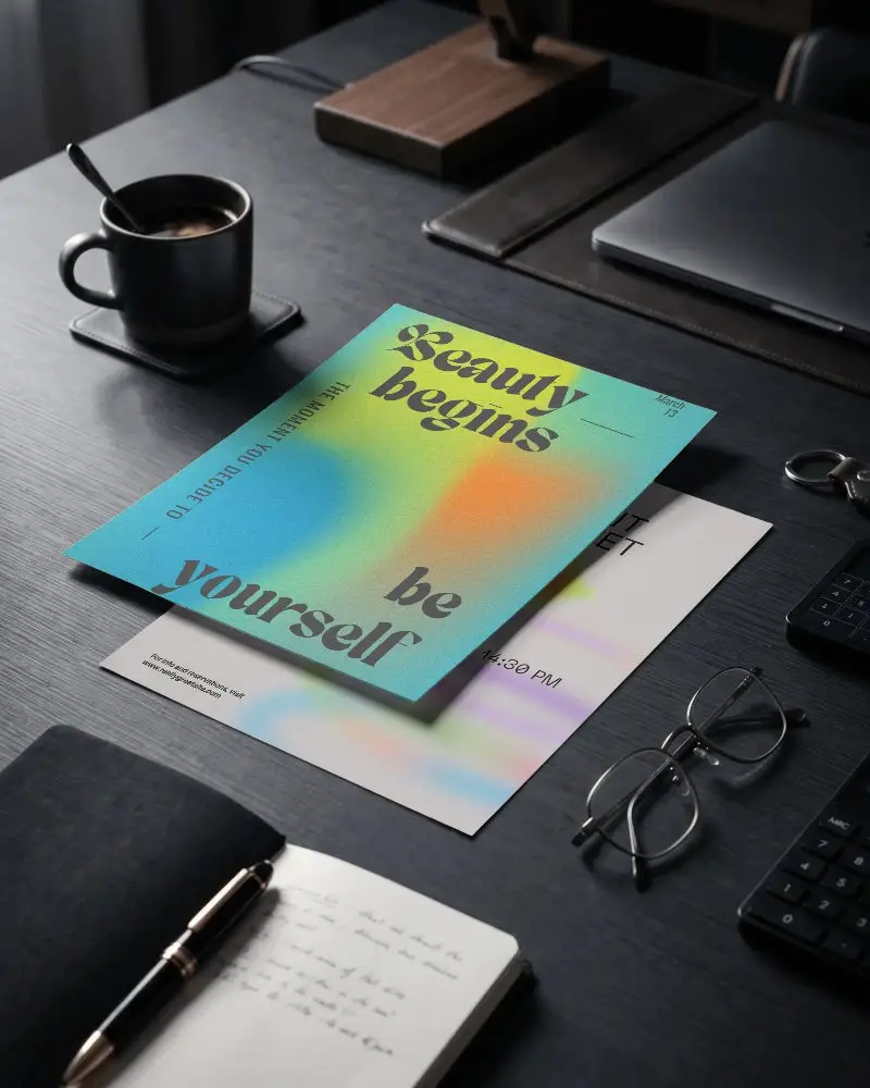 Professional Office Desk With Blank Flyer Mockups For Business Presentation Use