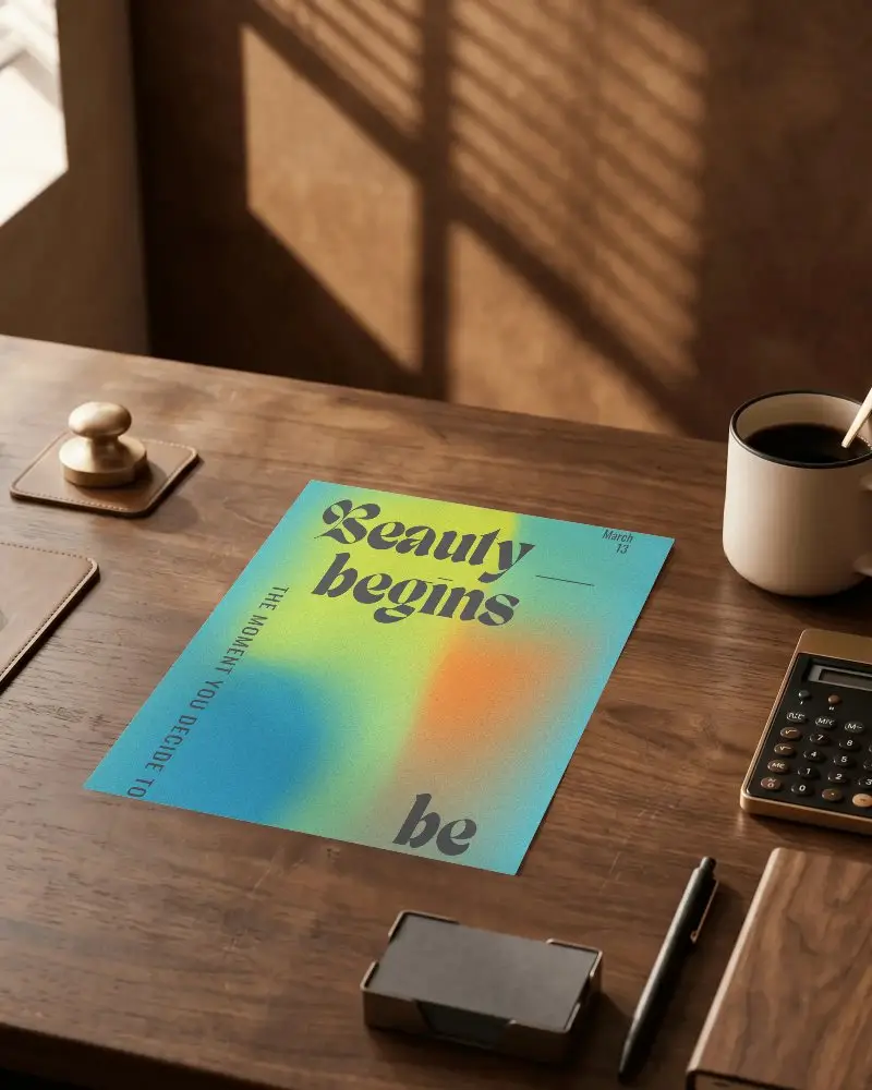 Modern Office Desk Flyer Mockup With Cup Pen Calculator And Business Card Holder