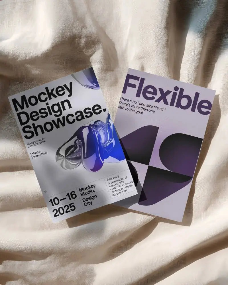 Realistic Flat Flyer Template Placed On Soft Textured Cloth For Design Presentation