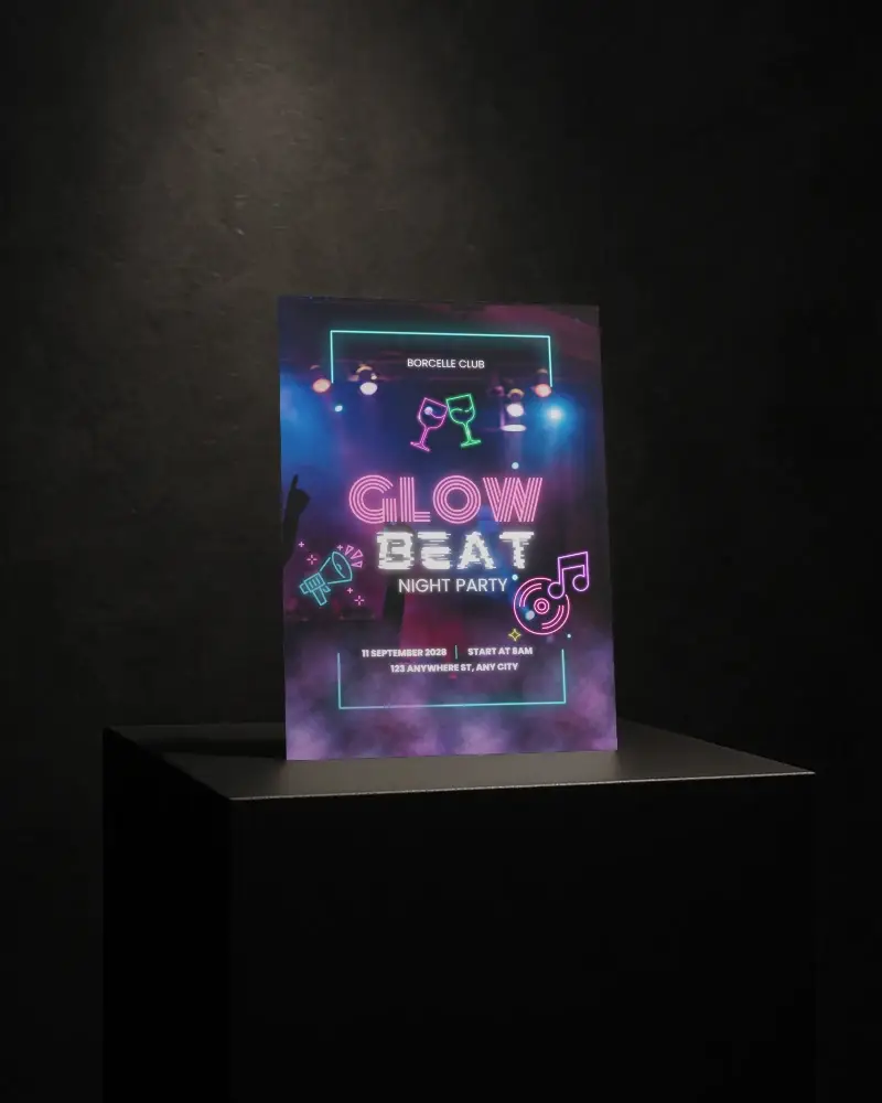 Elegant Dark Flyer Mockup On Black Pedestal With Moody Spotlight Background