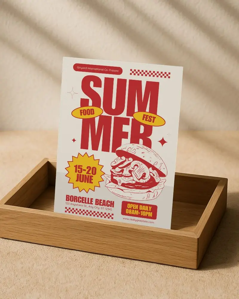 Upright A4 Flyer Mockup In Wooden Tray Warm Beige Textured Background Soft Natural Lighting