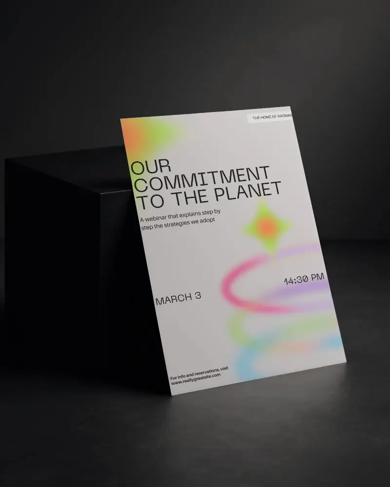 Leaning A4 Flyer Mockup On Black Cube Dark Minimalist Background Moody Lighting High Detail