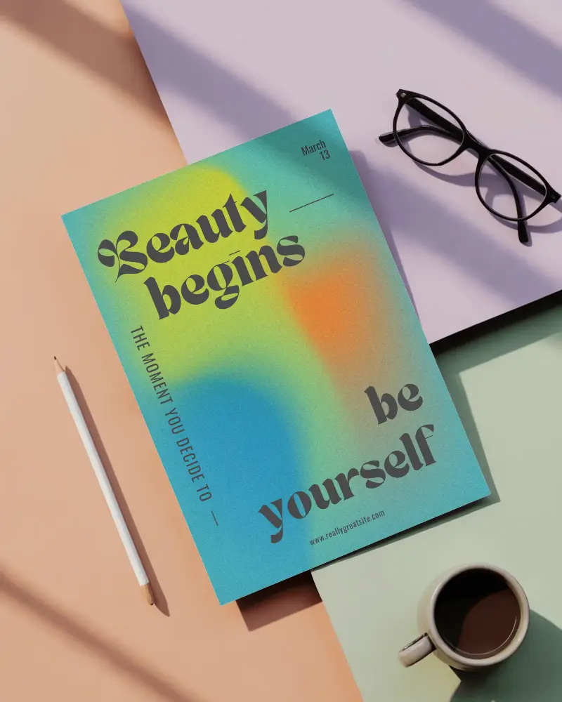 Flyer Mockup On Colorful Background With Pencil Coffee And Glasses For Design Presentation