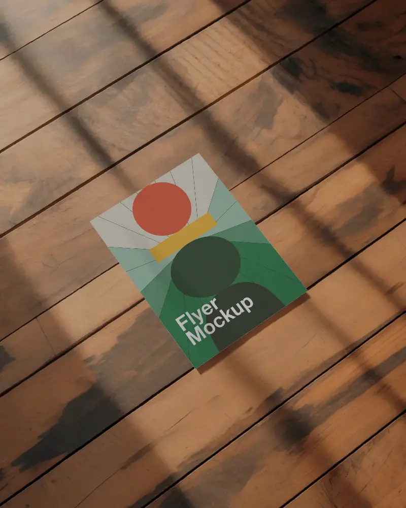 Premium Flyer Mockup On Wooden Floor With Natural Light And Realistic Shadows Design