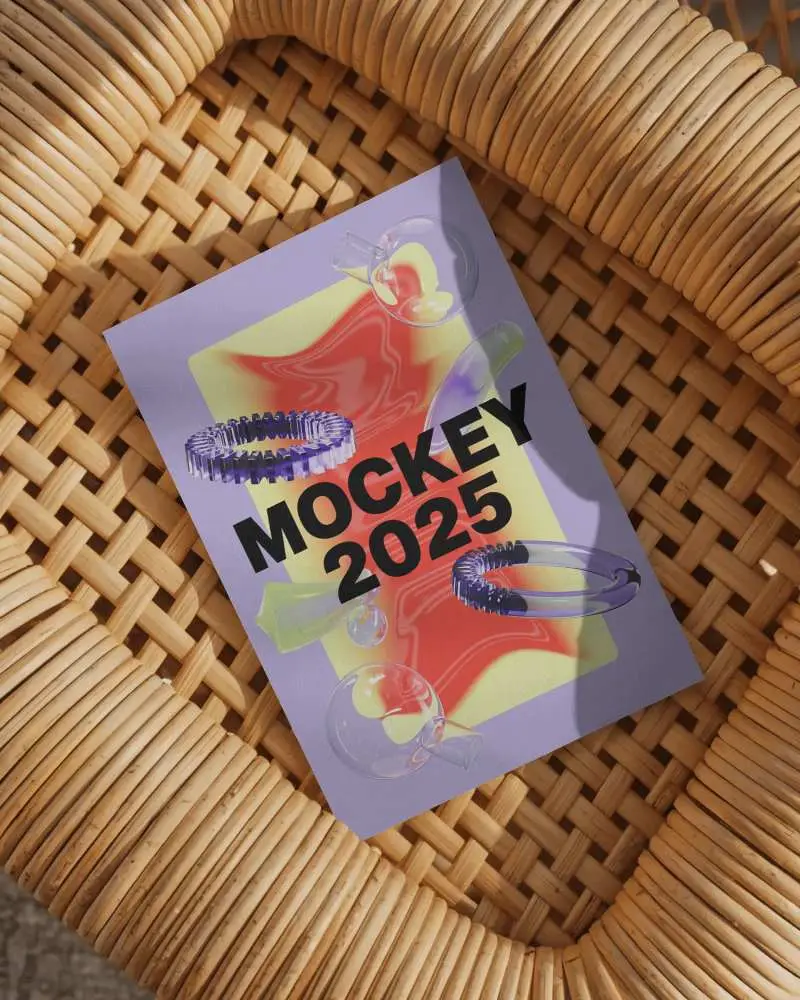 Blank Glossy Flyer Mockup On Woven Rattan Chair For Design Presentation Use