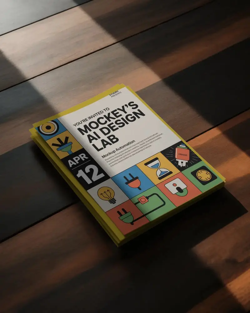 Sleek Stacked Flyer Mockup With Natural Light And Shadow On Wood Textured Surface