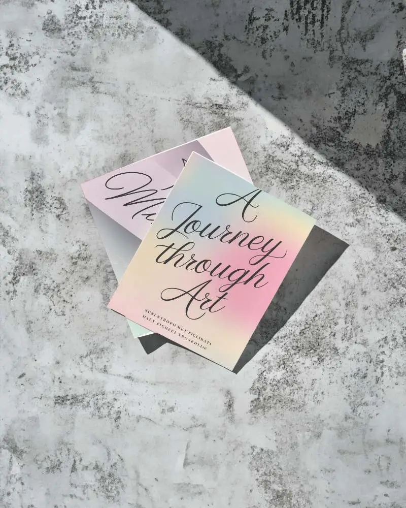 Angled Top View Double Flyer Mockup On Textured Concrete Surface Soft Pastel Gradient Designs Calm Shadow Play Modern And Minimalist Aesthetic 0116