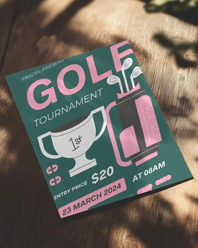 Angled Golf Flyer Mockup On Wooden Surface Dappled Sunlight With Leaf Shadows Vibrant And Playful Design Layout 0126