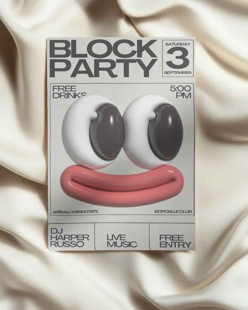 Surreal Face Design Block Party Flyer On Silk Texture Modern And Eye Catching Promo 0127