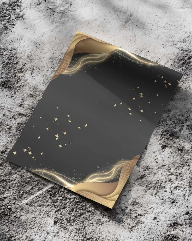 Sophisticated Black And Gold Flyer Mockup Starry Decorations Glam Vibe On Gritty Floor Texture 0131